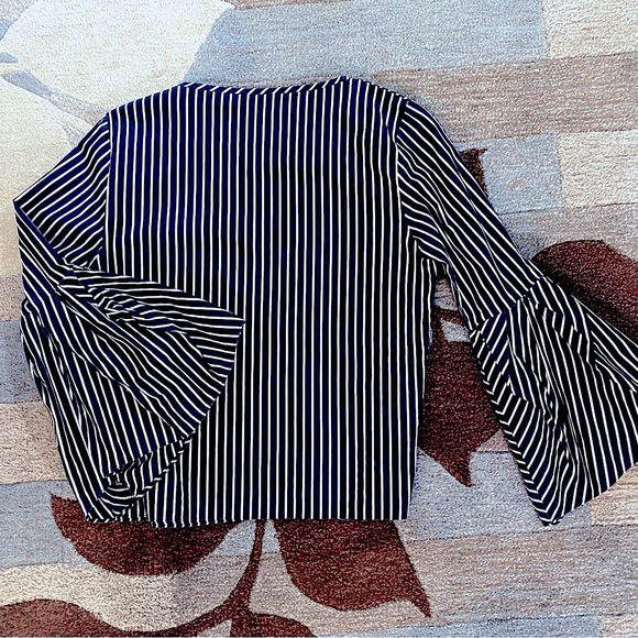 Zara Woman Navy and White Stripe with 3/4 Pleated and Tucked Bell Sleeves - Picture 6 of 6